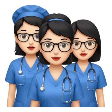 Genera un emogis con cuatro enfermeras pelinegra juntas, entre ellas una con lentes y otra con lunar encima del labio sticker