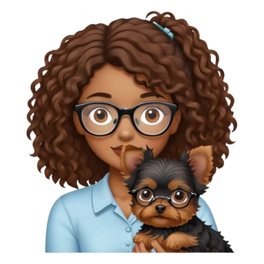 Young woman with brown curls and eyeglasses holding a small yorkie dog sticker