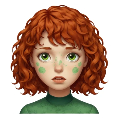 quero que você cria uma mulher, o rosto dela. nela, ela tem cabelo curto e ondulado, tem franja e ela tem semblante triste, deixe ela com pele verde. cabelo cacheado(avermelhado). ( ela tem aparência terroristica) olhos anormais assim como a boca) deixe ela com sardas sticker