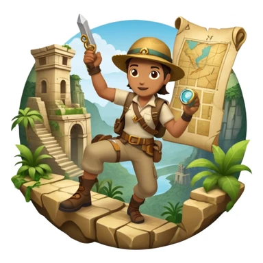 An icon featuring an adventurer in a dynamic action pose with treasure map, ancient ruins and jungle landscapes in the background. The design includes clues, hidden passages and climbing gear, symbolizing the thrill of exploration and discovery. Transparent background. sticker