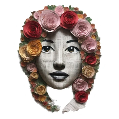 Person face portrait made entirely of newspaper cuttings and roses sticker