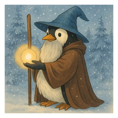 Add a snowy background behind the penguin wizard, keeping the fantasy illustration style. sticker