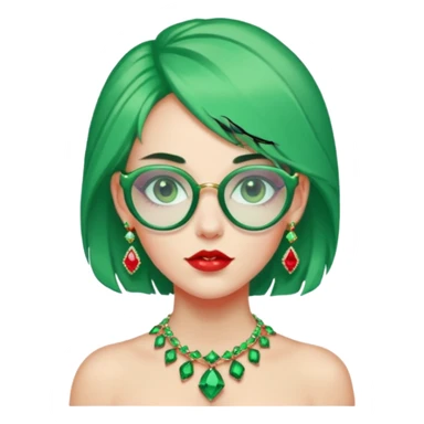gem lover woman with gem accessories excessive amount gem glassess very big gem earrings green hair and red diamonds sticker