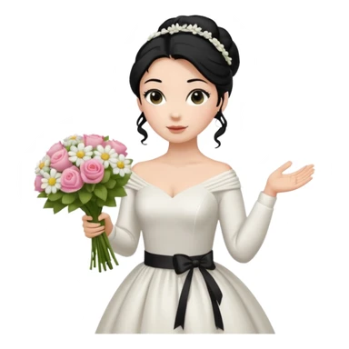 Chica blanca,cuerpo entero, vestido boda ,manga larga ,con estola, pelo negro,    ramo de flores una mano, pelo recogido en moño alto sticker