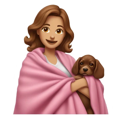 a woman with brown hair is cradling her puppy in a pink baby blanket. the puppy is a cocker spaniel. the woman is smiling with mouth ajar. you can see the woman cradling the puppy like a baby from her waist up.  sticker