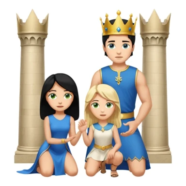 Man as king, standing, black Hair, blue eyes, female Servoamt, blonde, green eyes, shott white sleveless Dress, kneeling, background palace sticker