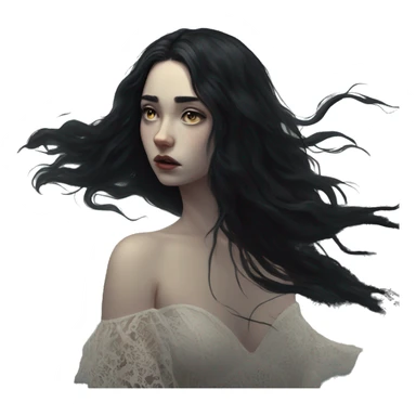 Dramatic girl  very pale with dark lighting  with black hair  in river with very very long lace dress  black long hair flying in the wind sad face  sticker