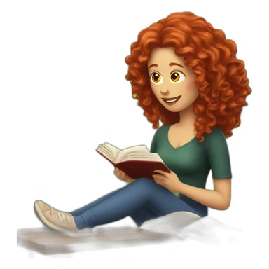 White woman with long curly red hair reading a book with a glass of wine in a park sticker