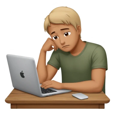 man at table with laptop tired expression dramatic posture sticker