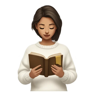 brunette girl in a white sweater is reading a book in her hands sticker