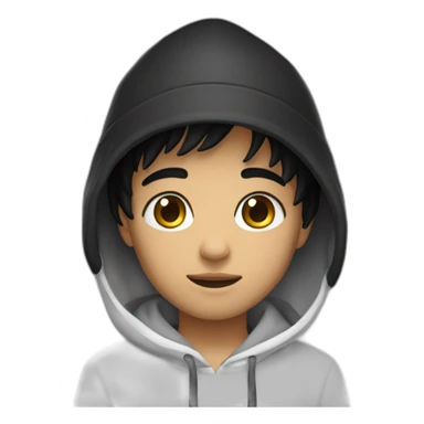 A boy with black eyes and black hair, wearing a black bucket hat and a white hoodie  sticker