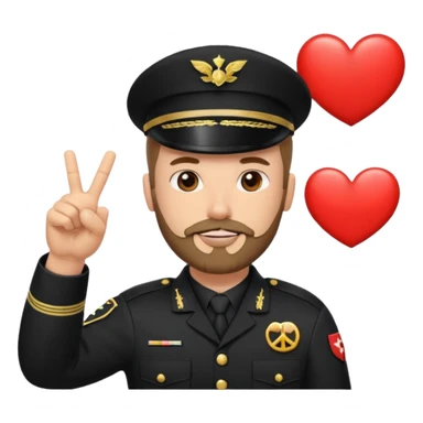 "Generate an emoji of a soldier in a black uniform with a 3-day stubble beard, giving a peace sign with one hand and a thumbs up with the other, surrounded by heart eyes and love symbols" sticker