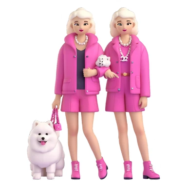 girl in pink Chanel-style outfit with white Samoyed dog sticker