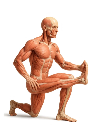 CORPO UMANO ANATOMICO REALISTICO CHE FA UN ESERCIZIO DI MOBILITà ARTICOLARE ALLE GAMBE, IPERREALISTICO 4K sticker