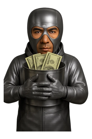 Remove the background and make it fully transparent, keeping the character, bucket, and realistic dollar bills unchanged. Preserve all details and colors of the character, bucket, and dollar bills exactly as they are, only removing the background to transparent. sticker