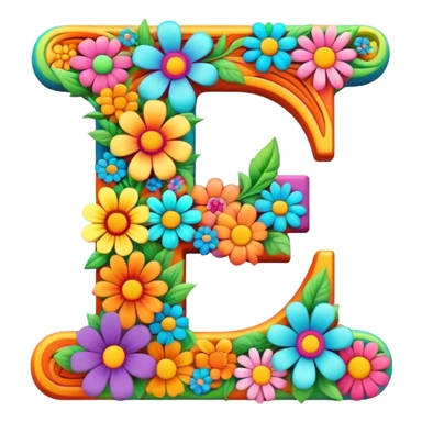 3D style, psychedelic colored Letter F with hippie style flower border sticker