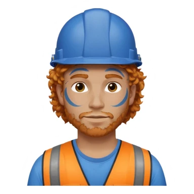 construction worker man ginger curly hair, blue helmet, heavy face tattoo sticker