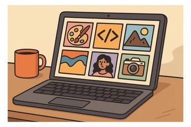a laptop open on a desk with colorful thumbnails of creative projects such as paintings, code, and photography on the screen, symbolizing a personal portfolio website, flat toon style sticker