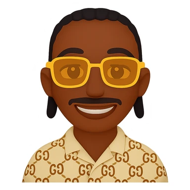Edit the emoji style smiley with a thinner head shape, beard only on the chin and a small mustache under the nose (no beard on the cheeks), dark skin tone, small black braids, rectangular golden sunglasses, beige top with GG pattern and visible collar, transparent background. sticker