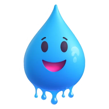 stylized blue sweat droplet with exaggerated splash effects, rendered in 3D emoji style sticker