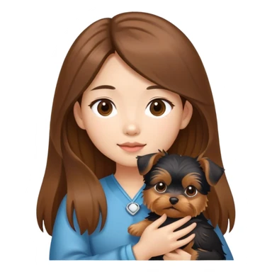 A fair-skinned Asian girl with center-parted long brown hair holding a Yorkie puppy sticker