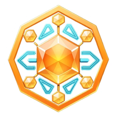 Futuristic reward points icon, diamond or hexagon shape, circuit board lines, Bloomberg terminal aesthetic, gold orange phosphor glow on dark background, minimalist geometric, no text, fintech style, clean edges, professional icon design sticker