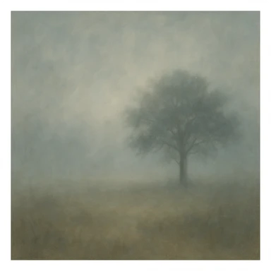 A foggy landscape with a lone tree standing in a field, foggy style. sticker