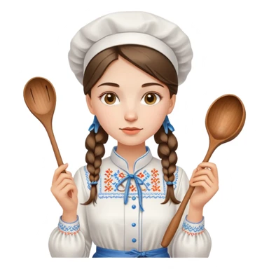 Ukrainian young girl in a white embroidered traditional shirt holding cooking tools like spoon and ladle sticker