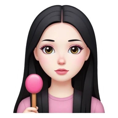 kid witch is a girl with long strait black hair pale skin and casual makeup with pink ch sticker