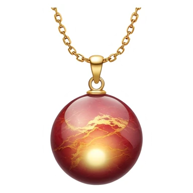 A polished round ball wine granite pendant suspended from a delicate gold chain, like a drop of enchanted starlight, glowing with the warmth of passion and the quiet power of transformation ethereal sticker