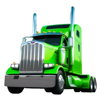 neon green peterbilt semi truck lowered on the ground with large chrome wheels and chrome smoke stacks profile view sticker