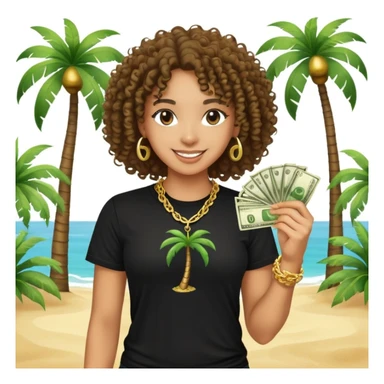 Happy mixed-race person with curly hair in black t-shirt and gold chain, holding money, palm tree beach background sticker