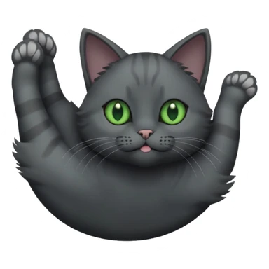 solid dark grey cat with green eyes, completely solid grey face, white toes/paws playing rolling upside down sticker