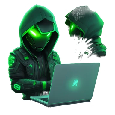 Side view developer behind his laptop with this style : crysis Cyberpunk Valorant neon glowing bright green character green black hooded assassin themed character sticker