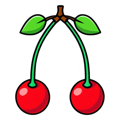 Two bright ruby red cherries connected by a green stem sticker