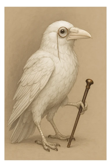 a white crow with a monocle and a cane sticker
