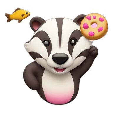 A badger with a Fish cookie with pink Swirl sticker