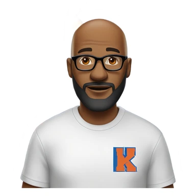 A Bald man with a beard, goatee, and glasses wearing a white New York Knicks tee shirt with flames in both hands. sticker