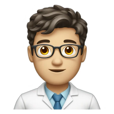 A scientist boy with white apron and wearing spectacles and dark hair and blue eyes and having camera sticker