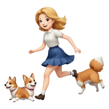 A beautiful girl with fair skin happily chases a corgi in a skirt sticker