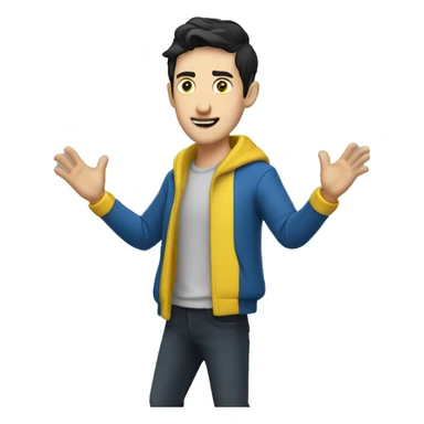 HALF BODY CAUCASIAN GUY WITH SOFT BLACK SHORT HAIR WITH BLUE COAT AND YELLOW INNER SHIRT SHOWING HIS DANCE MOVES sticker