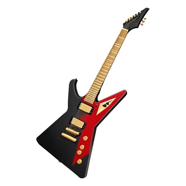 Create a bold and dynamic emoji representing the Epiphone Dave Mustaine Flying V Custom electric guitar. The design should feature the sharp, iconic V-shaped body of the guitar, with a custom finish reflecting Dave Mustaine’s signature style. Add intricate details like gold or chrome tuning pegs and pickups, with subtle graphics or patterns that reflect the aggressive, heavy metal aesthetic. Use a color palette of black, gold, and red, with a touch of metallic sheen for the high-end finish. The background should be transparent to emphasize the guitar's iconic shape sticker