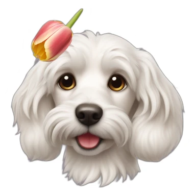 White fluffy teckel dog with a tulip sticker