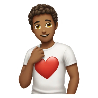 young man touching his chest, wearing a heart t-shirt sticker
