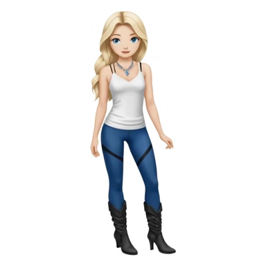 2yk Blonde model silk balayage long hair herringbone braid women with blue eyes wearing White Spaghetti top and black Leggins and Boots with heels and a Subtle rhinestone necklace  sticker