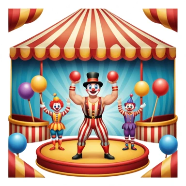 Icon for Circus Arts: a vibrant round circus arena with a strongman in a striped costume,  juggler and a clown performing. The icon should convey the excitement and fun of circus performances, with focus on the performers and the colorful setting. Transparent background. sticker