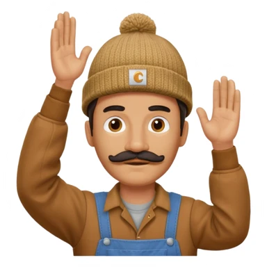 Woodworker thick straight mustache knit cap Carhartt shirt, one hand raised above head small eyes sticker