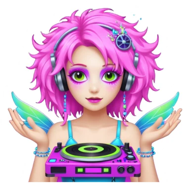 hard techno rave fairy, holding a DJ turntable, wild hair, neon sparkles, minimal background sticker