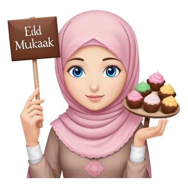 Turkish beautiful finish Konya girl blue eyes with powder pink brown hijab islamic dress and had on her hand text Eid Mubarak with sweets and celebrating with her friends eid days   sticker