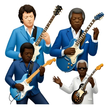 Icon for Blues Music: close-up collage of legendary blues artists. Gary Moore, Eric Clapton, B.B. King and Joe Cocker. Represented by silhouettes or symbolic items like guitars, microphones, or music notes, reflecting the soulful energy of blues music. Transparent background. sticker